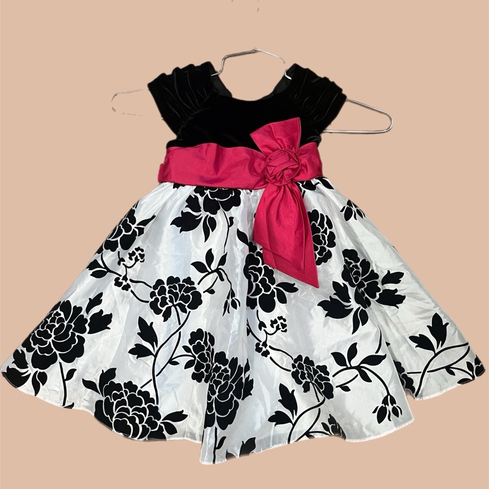 Jona Michelle Black and White Floral Dress with Pink Bow